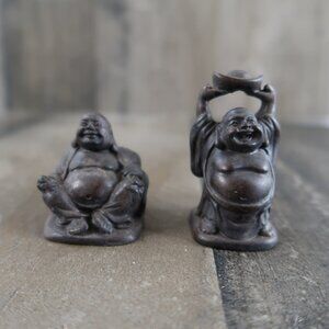2 Small Pocket Size Smiling Happy Buddha Figurines 2" Sitting & Standing